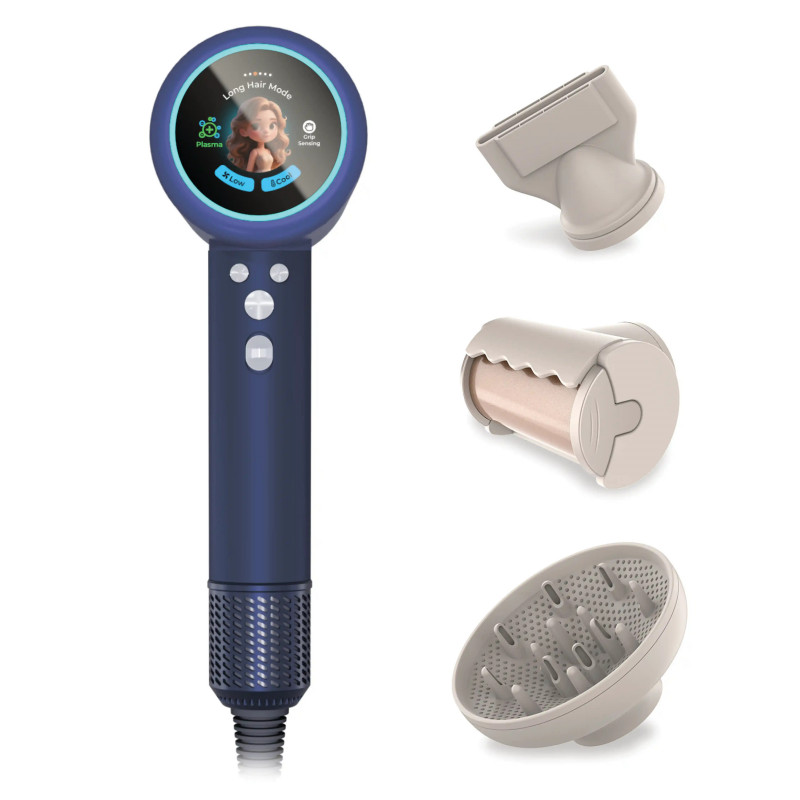 Uscător de păr puternic de 2000W cu motor BLDC, afișaj și ionizare cu plasmă + 3 accesorii AusHauz Albastru