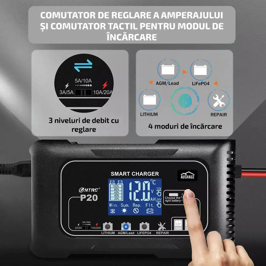 Comutator de reglare a amperajului și comutator tactil pentru modul de încărcare. 3 niveluri de debit cu reglare. 4 moduri de încărcare.