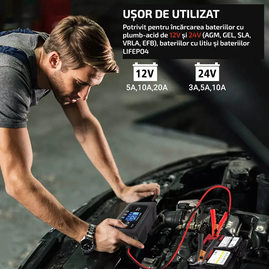 Ușor de utilizat Potrivit pentru încărcarea bateriilor cu plumb-acid de 12V și 24V (AGM, GEL, SLA, VRLA, EFB), bateriilor cu litiu și bateriilor LIFEPO4